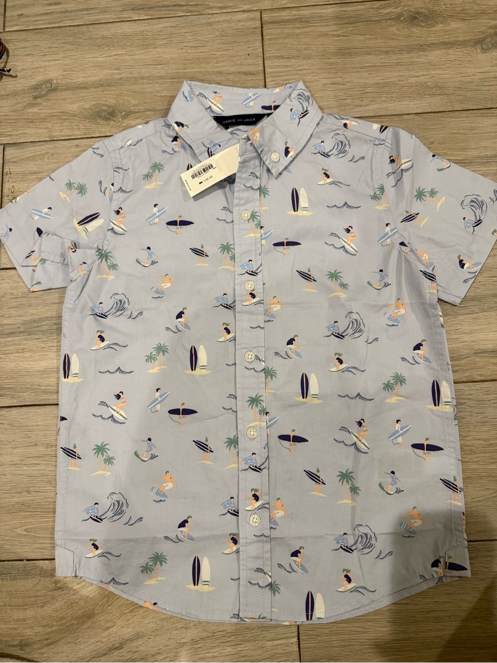 BNWT Janie & Jack boys Surf Print Short-Sleeve Button-Down Shirt - Light Blue